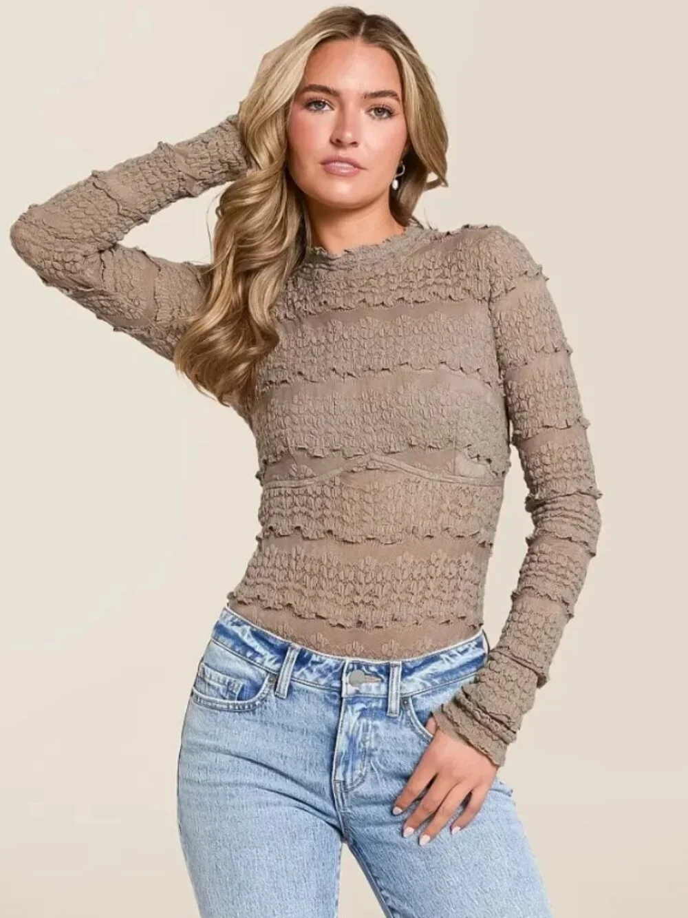 Free People Angelina Bodysuit Mock Neck Lace Sheer Cutout Top S